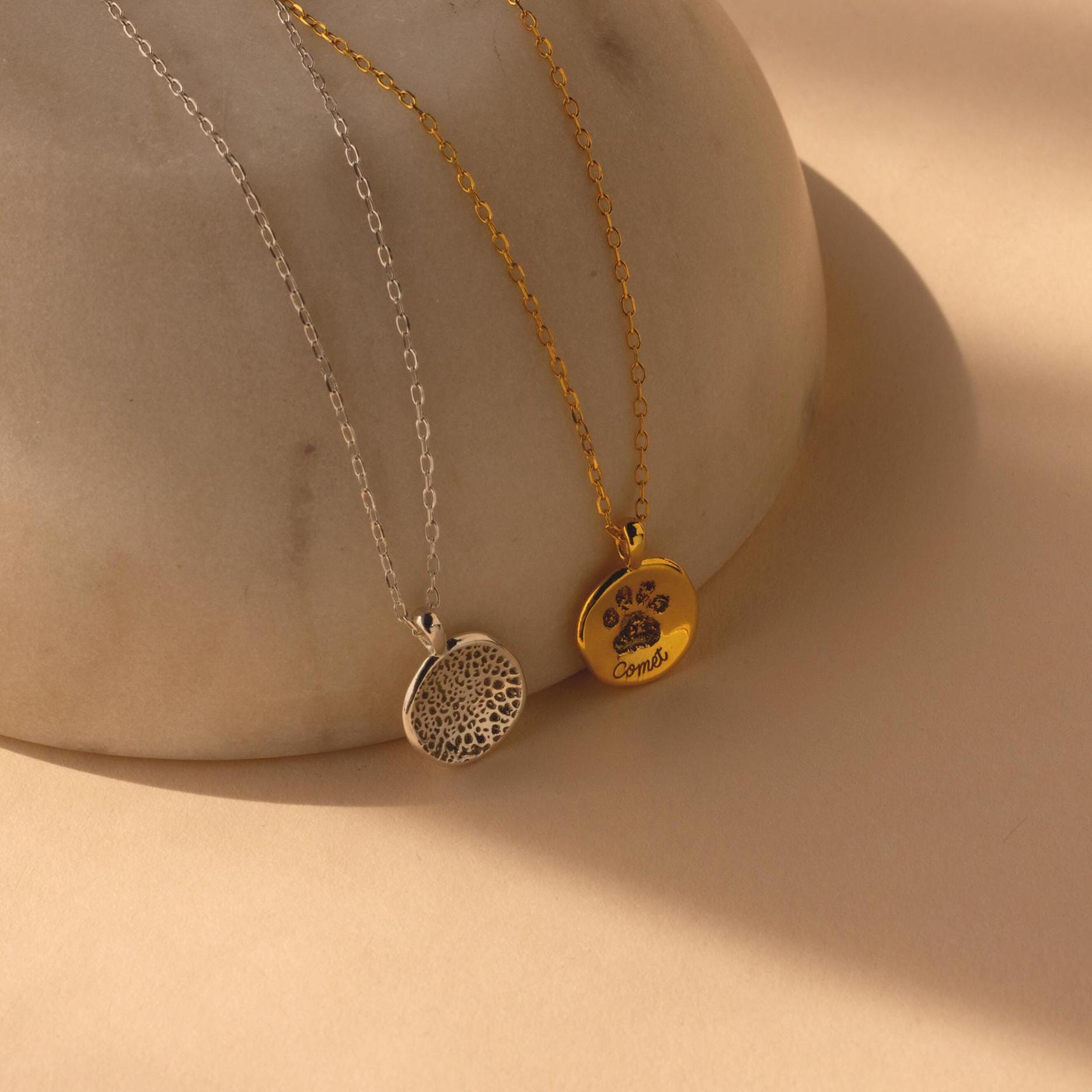 Two Paw Print Coin Necklaces, one in silver and one in gold, each featuring a round textured pendant, are elegantly displayed on a stone surface.