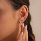 A woman's ear is shown up close wearing the Inside Out Heart Diamond Hoops, featuring small clear gemstones, with her hand near her ear.