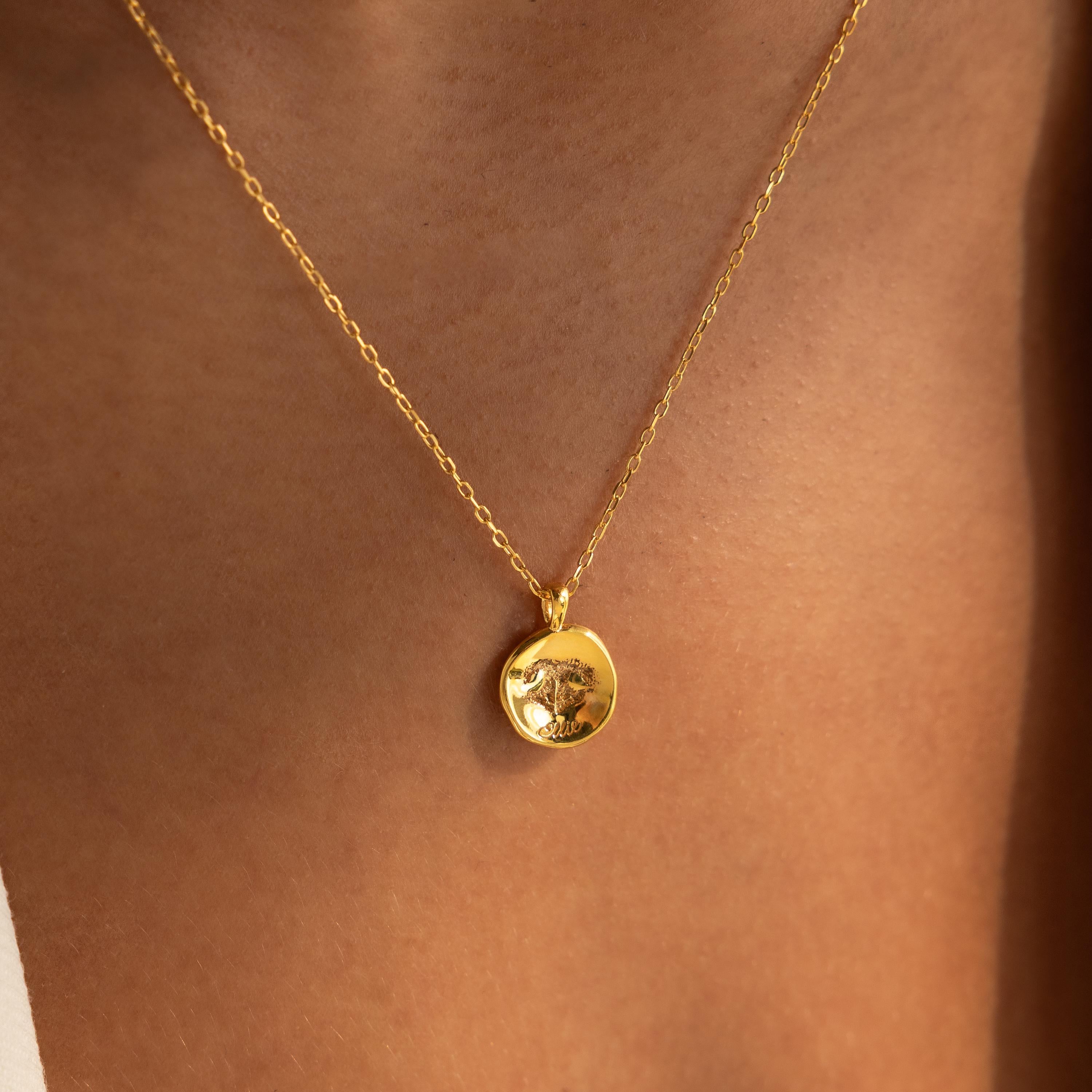 The Paw Print Coin Necklace features a gold pendant on a delicate chain, creating a meaningful and stylish way to cherish your beloved pet.