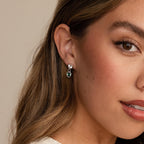 A woman wears the Emerald Heart Drop Studs, silver earrings adorned with clear and green gemstones, partially showing her face.