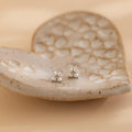 The Pearl Ivy Flower Studs are small silver floral earrings displayed on a heart-shaped, textured ceramic dish against a soft beige background.