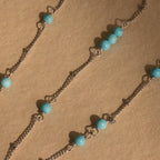 The Turquoise Satellite Necklace features silver chains with turquoise beads arranged diagonally on a textured beige surface, perfect for layering or wearing as a standout piece.