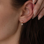 Close-up of a woman's ear wearing Ivy Flower Flat Back Studs, gold earrings with two sparkling stones and manicured nails—an elegant choice and perfect Mother's Day gift.