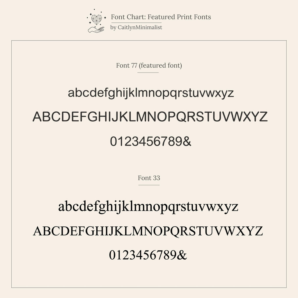 A font chart shows two print fonts with sample text in uppercase, lowercase, and numbers—ideal for creating personalized jewelry like the Dainty Initial Drop Ring.