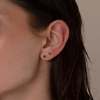 Close-up of a woman's ear wearing the Emerald Flat Back Earring Set, featuring three small emerald studs in the lobe and one screw-back earring in the cartilage.