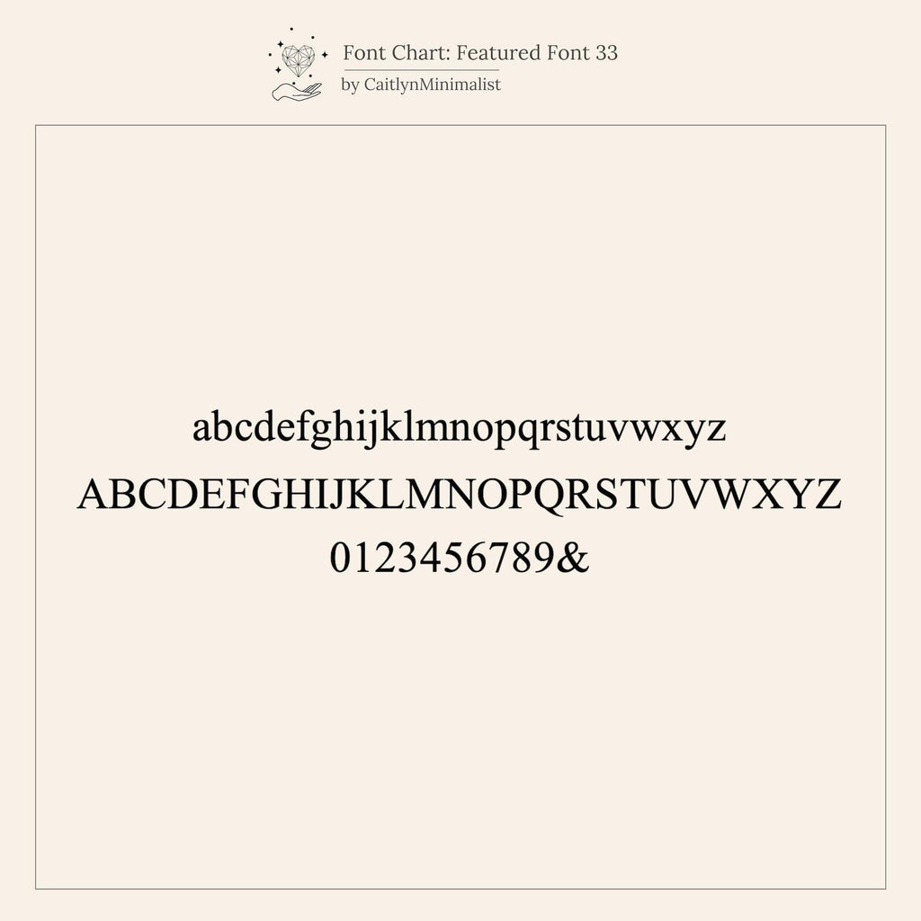 Minimal serif font chart features lowercase, uppercase letters, numbers 0–9, and an ampersand on a beige background—ideal for designing your Initial Padlock Drop Ring or other personalized jewelry pieces.