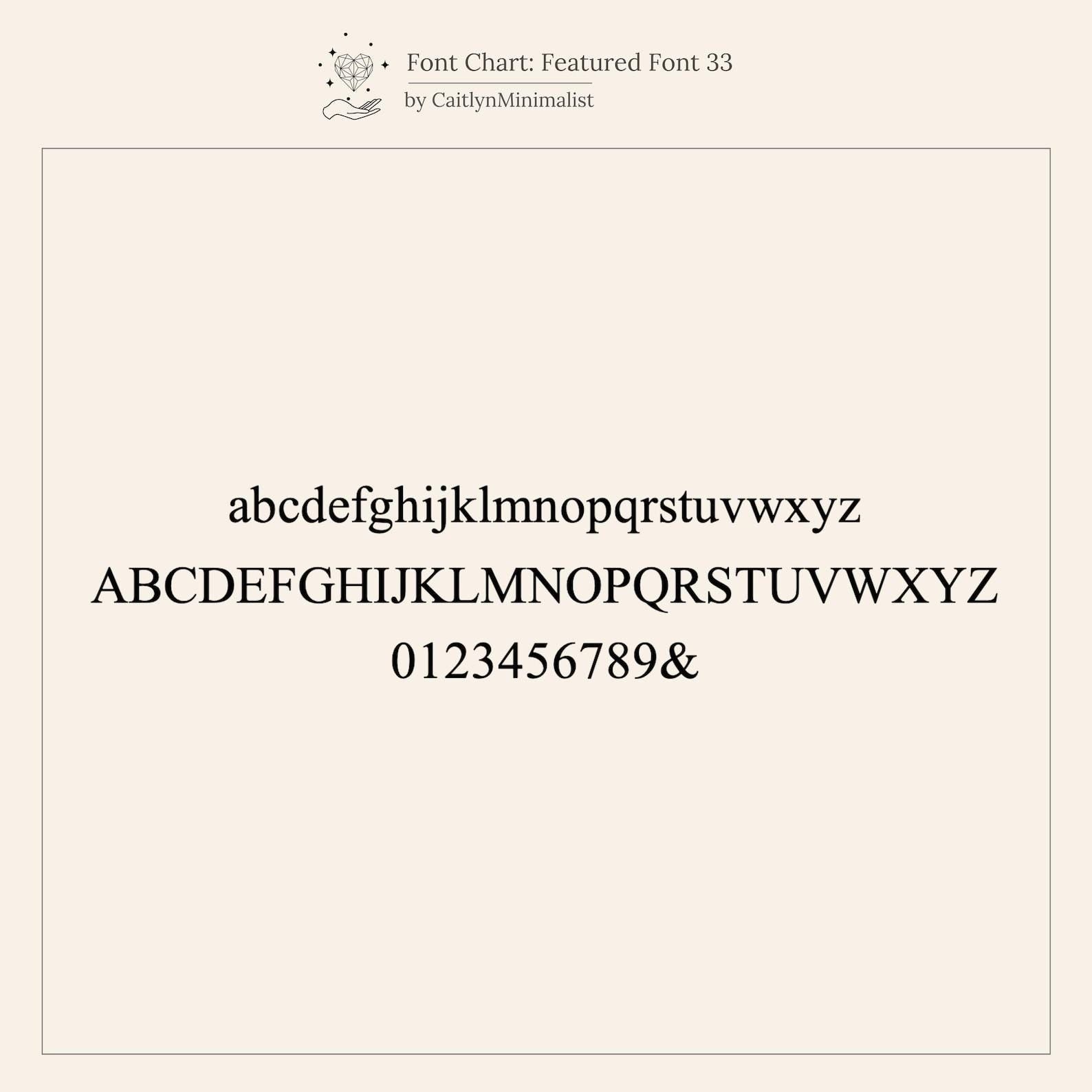 Minimal serif font chart features lowercase, uppercase letters, numbers 0–9, and an ampersand on a beige background—ideal for designing your Initial Padlock Drop Ring or other personalized jewelry pieces.