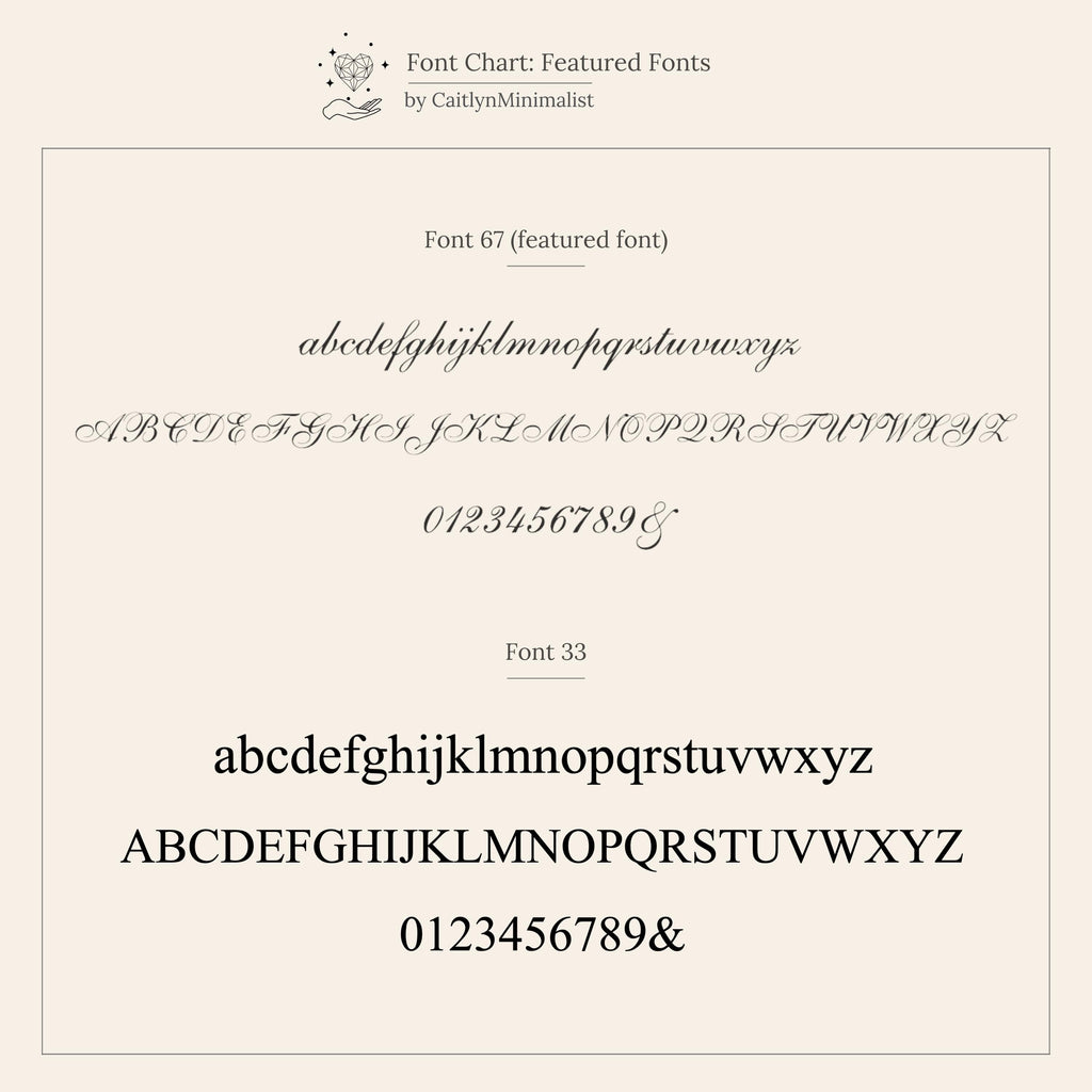 Font chart displays cursive and serif letters—uppercase, lowercase, numbers, and ampersand—ideal for personalizing the Duo Initial Heart Ring or designing a unique engraved band.