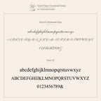Font chart displays cursive and serif letters—uppercase, lowercase, numbers, and ampersand—ideal for personalizing the Duo Initial Heart Ring or designing a unique engraved band.