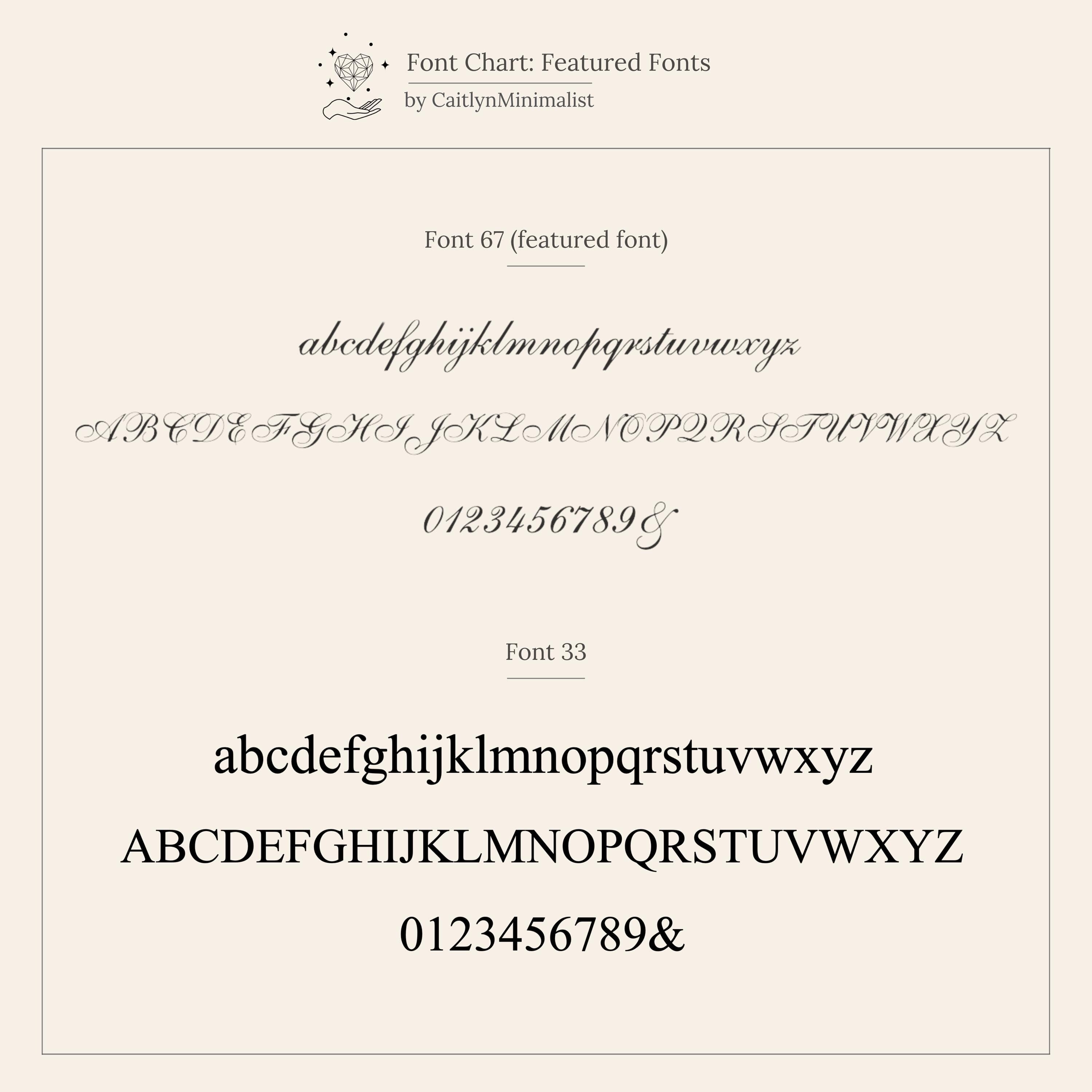 Font chart displays cursive and serif letters—uppercase, lowercase, numbers, and ampersand—ideal for personalizing the Duo Initial Heart Ring or designing a unique engraved band.