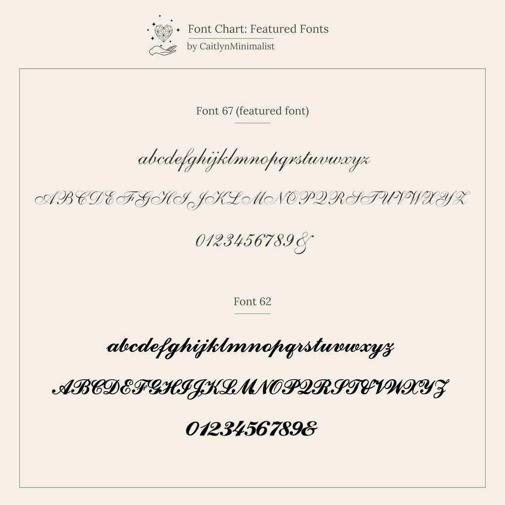 Sample chart displays two featured fonts, each showing cursive letters and numbers in upper and lowercase—ideal for customizing your Pave Initial Pendant Necklace.