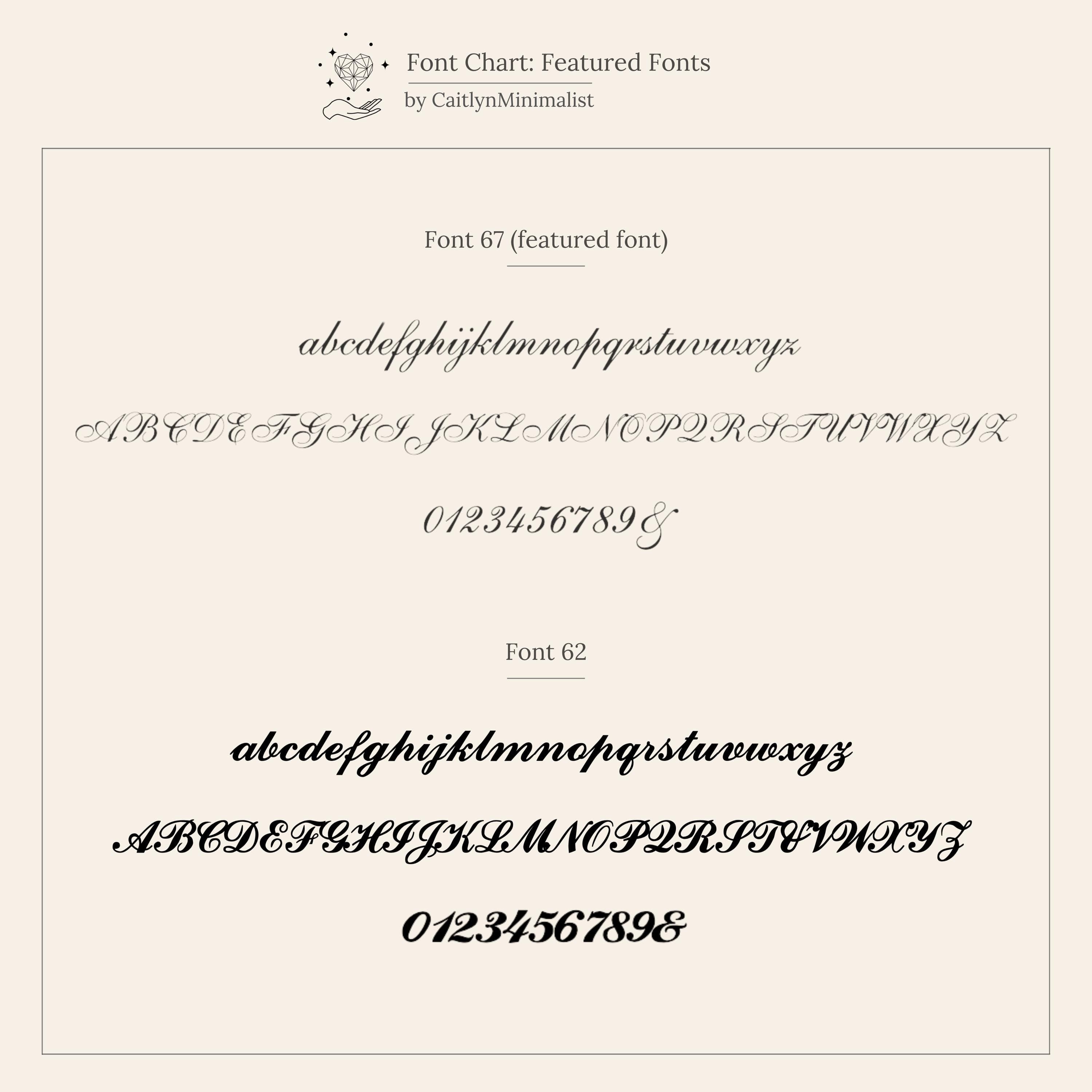 Sample chart displays two featured fonts, each showing cursive letters and numbers in upper and lowercase—ideal for customizing your Pave Initial Pendant Necklace.