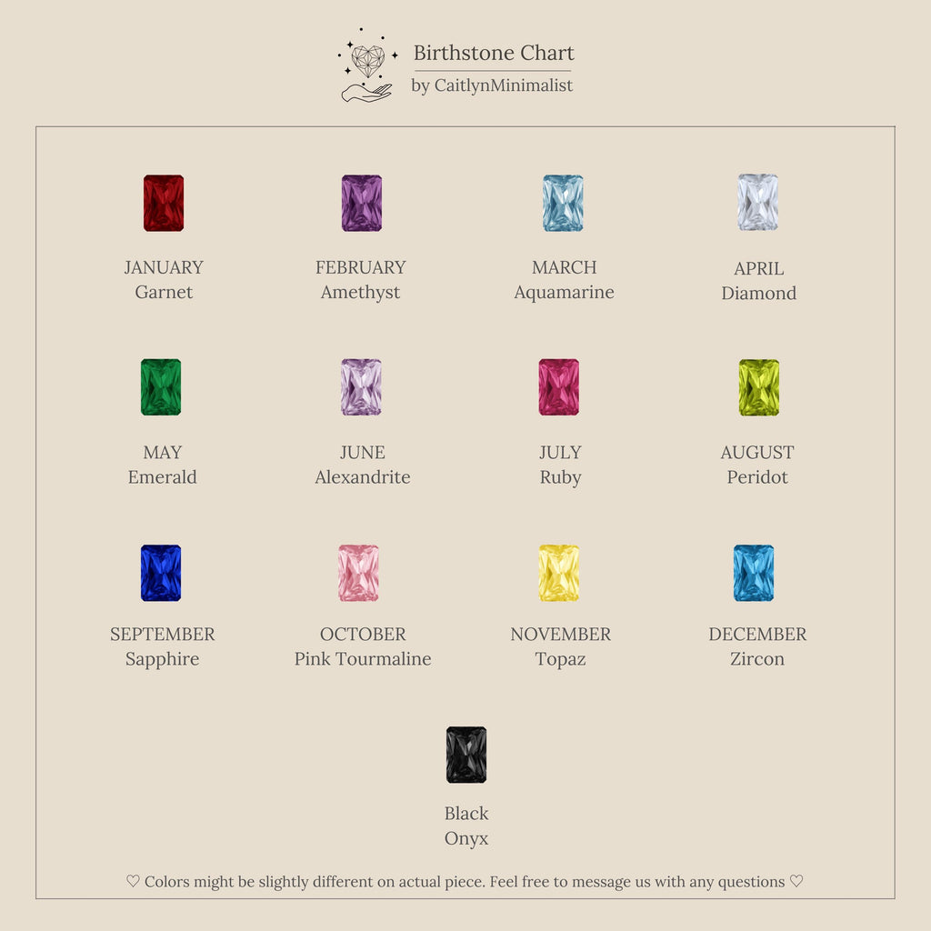 Emerald-cut Birthstone Chart from Caitlyn Minimalist, featuring Garnet, Amethyst, Aquamarine, Diamond, Emerald, Alexandrite, Pink Ruby, Peridot, Sapphire, Pink Tourmaline, Yellow Topaz, Blue Zircon and Black Onyx
