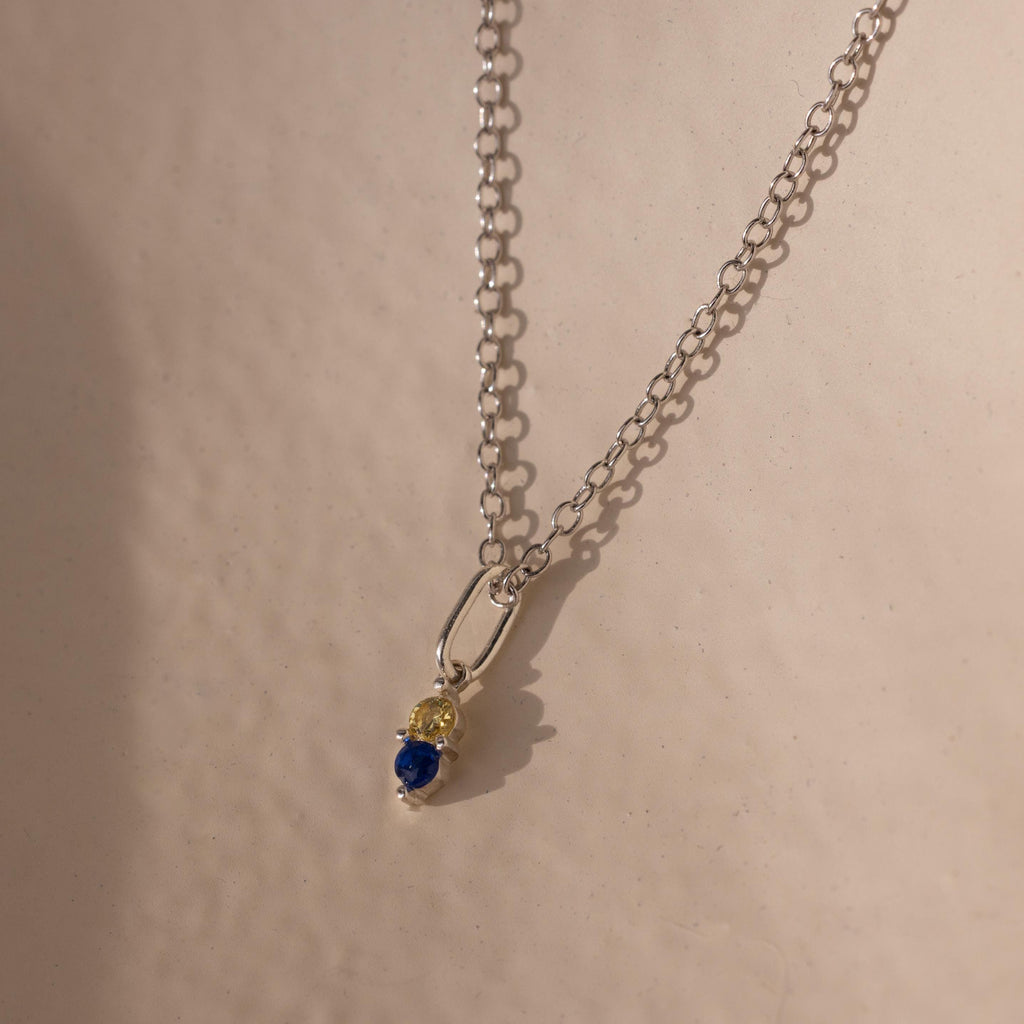 Silver Dainty Duo Birthstone Charm attached to a cable chain