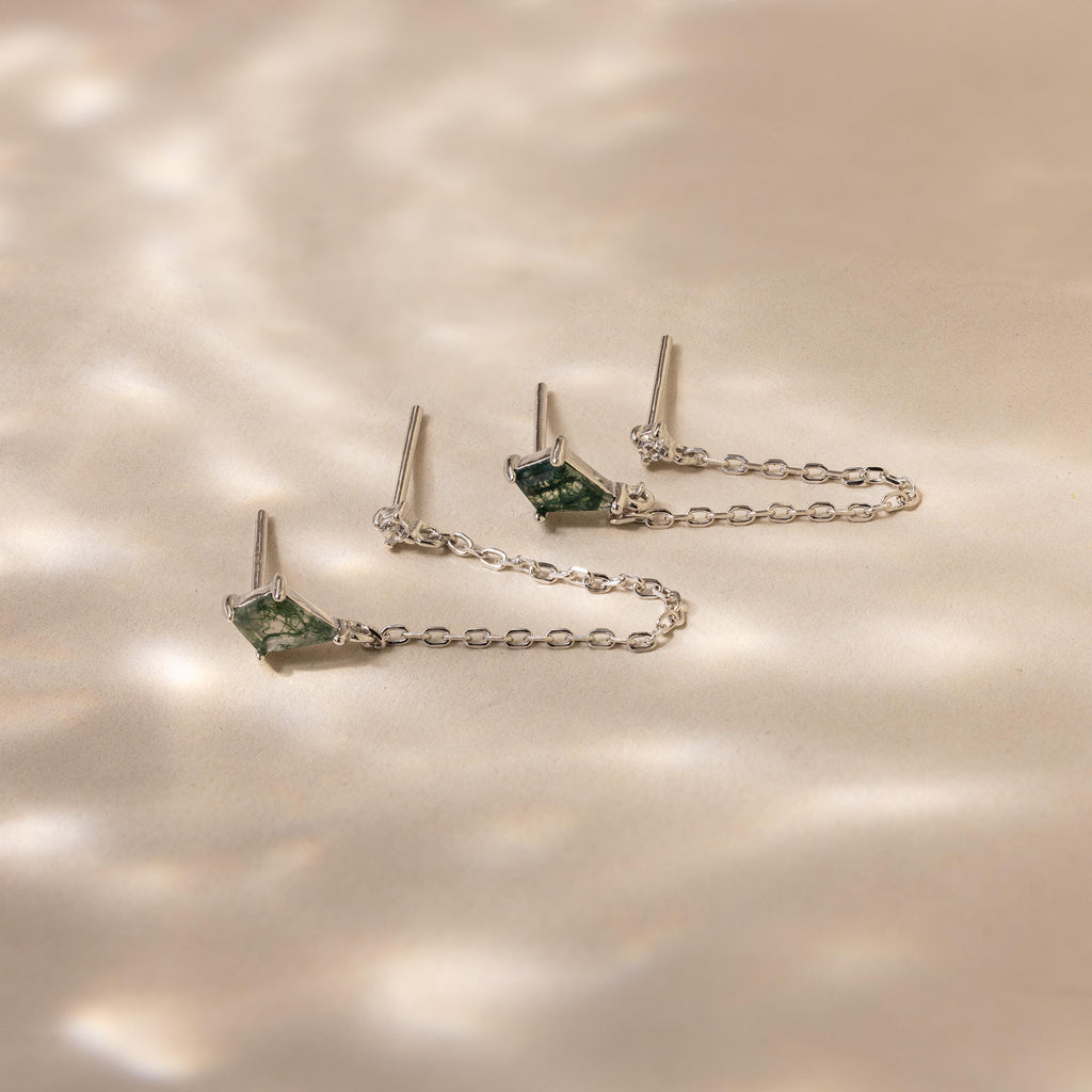 Agate Diamond Chain Earrings featuring green geometric stones are artfully displayed on a beige surface in soft, dappled light, capturing the unique allure of moss agate with elegant silver chains.