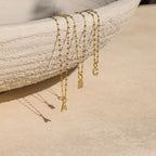 Three Dainty Pave Letter Necklaces in 18K Gold with sparkling CZ diamonds, featuring A, B, and C pendants, drape over the edge of a textured beige bowl.