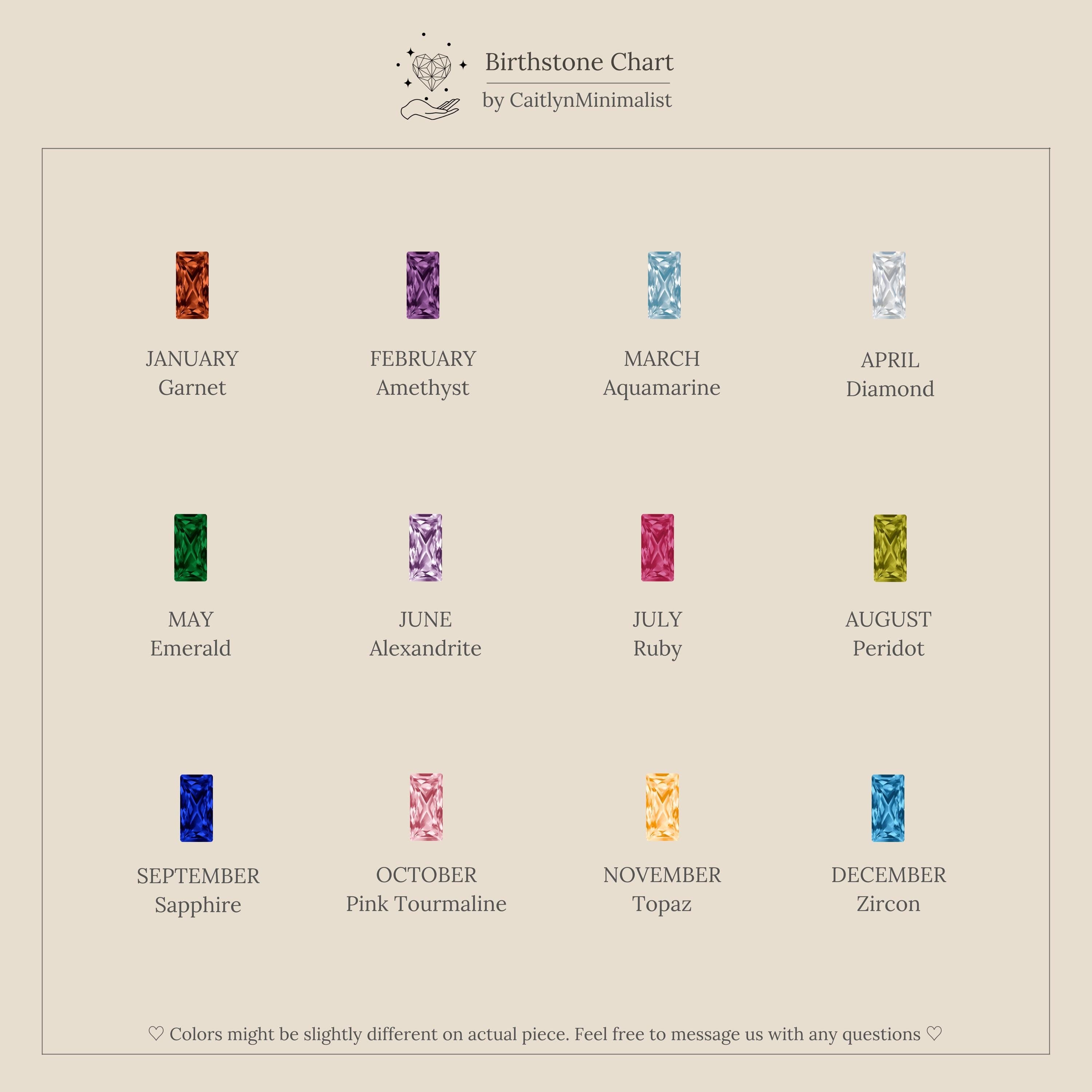 A birthstone chart with twelve colored gemstones labeled by month and name—great for selecting customizable stones or pairing with geometric hoops like the Baguette Birthstone Link Earrings.
