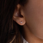 Close-up of a person’s ear wearing Butterfly Birthstone Flatback Studs, adorned with small gemstones—ideal for anyone who loves personalized jewelry.