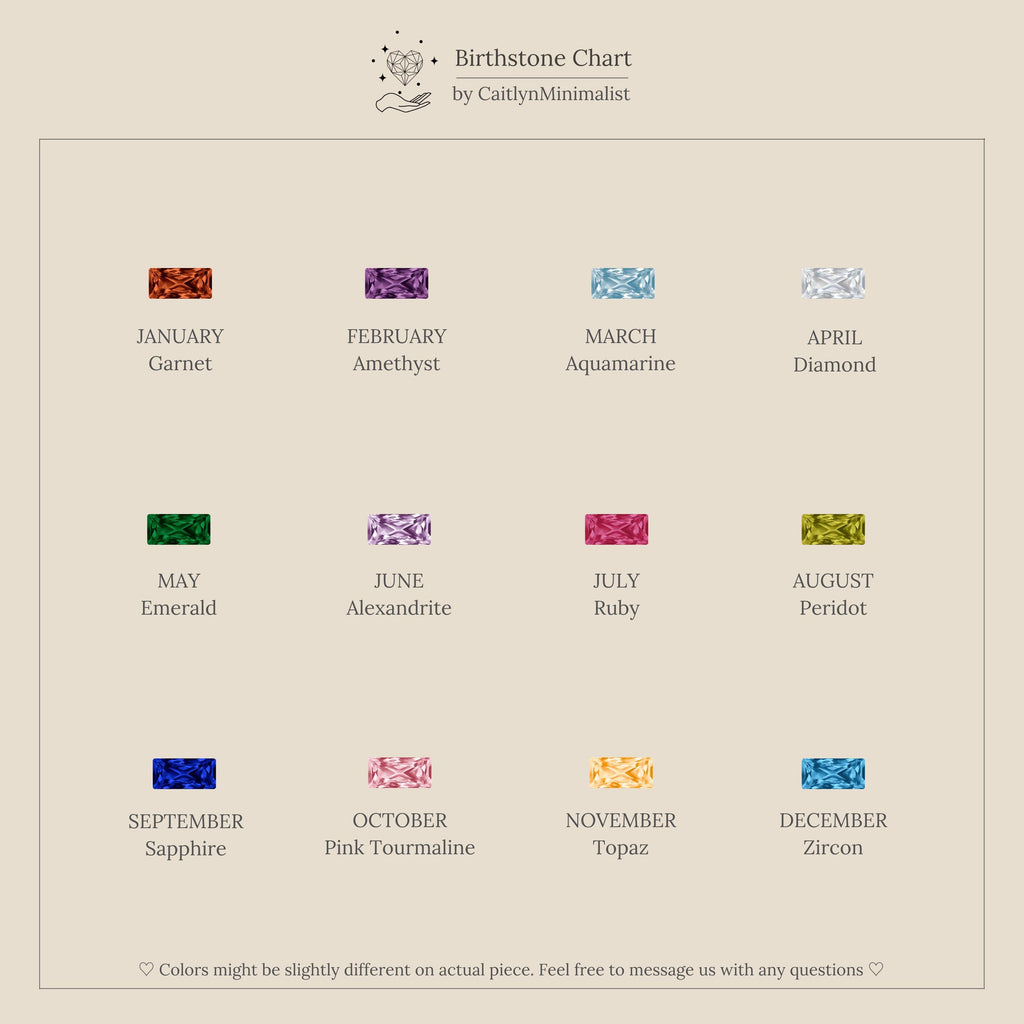 Discover a birthstone chart featuring gemstones from January (Garnet) to December (Zircon)—perfect for finding your special stone and choosing a Dainty Baguette Birthstone Bracelet.