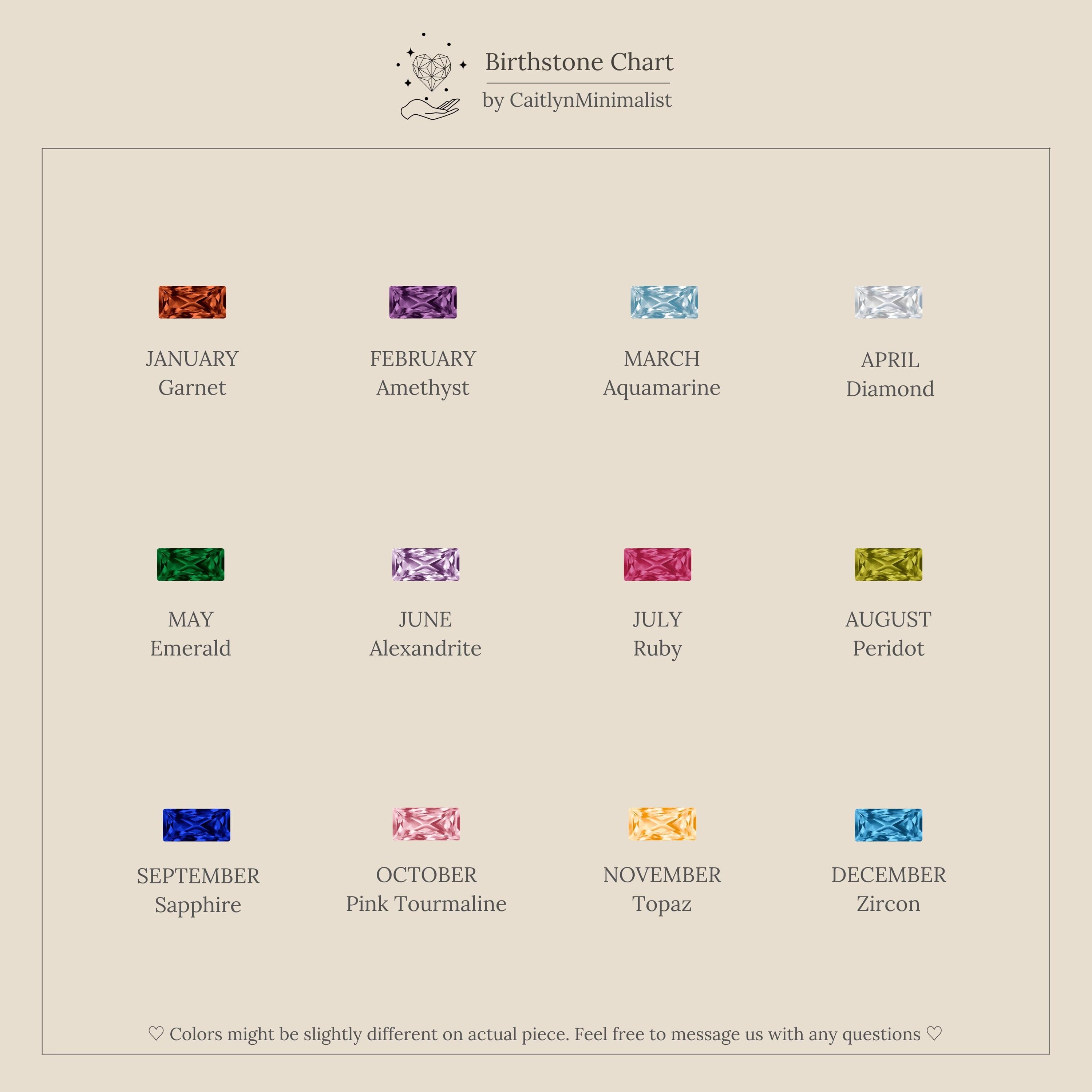 Discover a birthstone chart featuring gemstones from January (Garnet) to December (Zircon)—perfect for finding your special stone and choosing a Dainty Baguette Birthstone Bracelet.