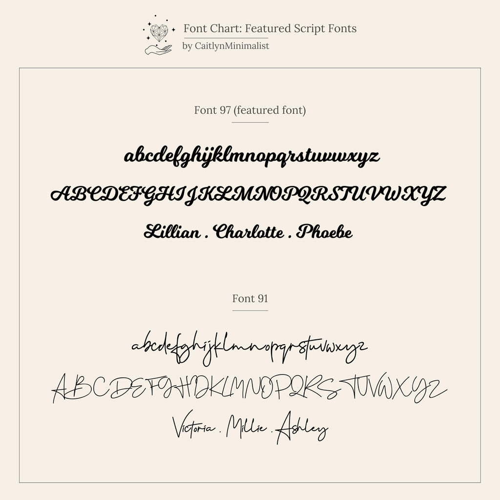 Font chart featuring two elegant script fonts, each shown in uppercase and lowercase with sample names—ideal for creating your custom Diamond Tennis Name Necklace.