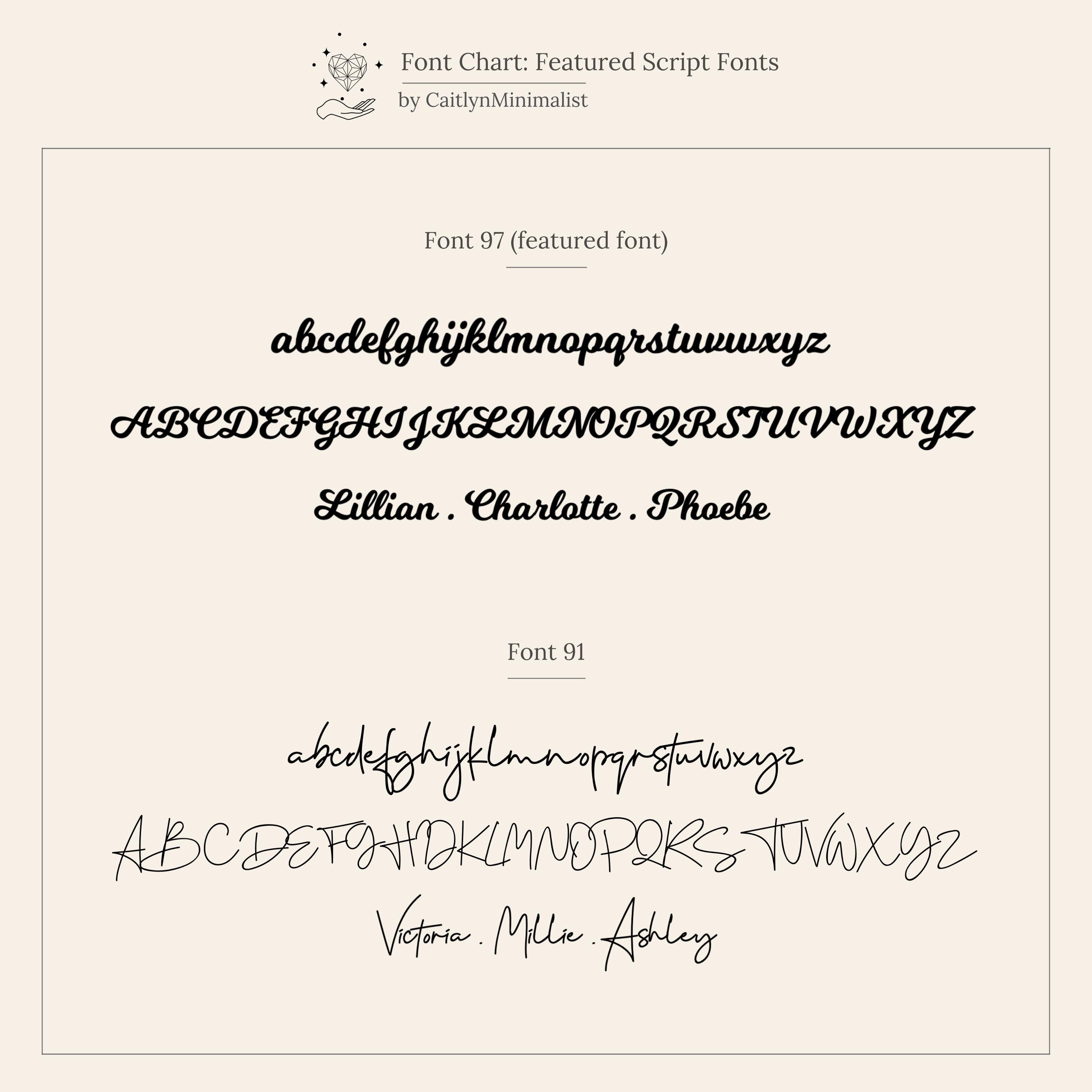 Font chart featuring two elegant script fonts, each shown in uppercase and lowercase with sample names—ideal for creating your custom Diamond Tennis Name Necklace.