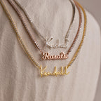 The Diamond Tennis Name Necklace is an elegant piece, available in silver, rose gold, and gold, perfect for custom nameplates like Rachel, Rosalie, and Kendall.