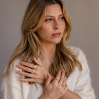Woman with long blonde hair wearing a Multiple Name Eternity Ring in 18K Gold with diamond accents and a cream sweater, looking slightly to the side.