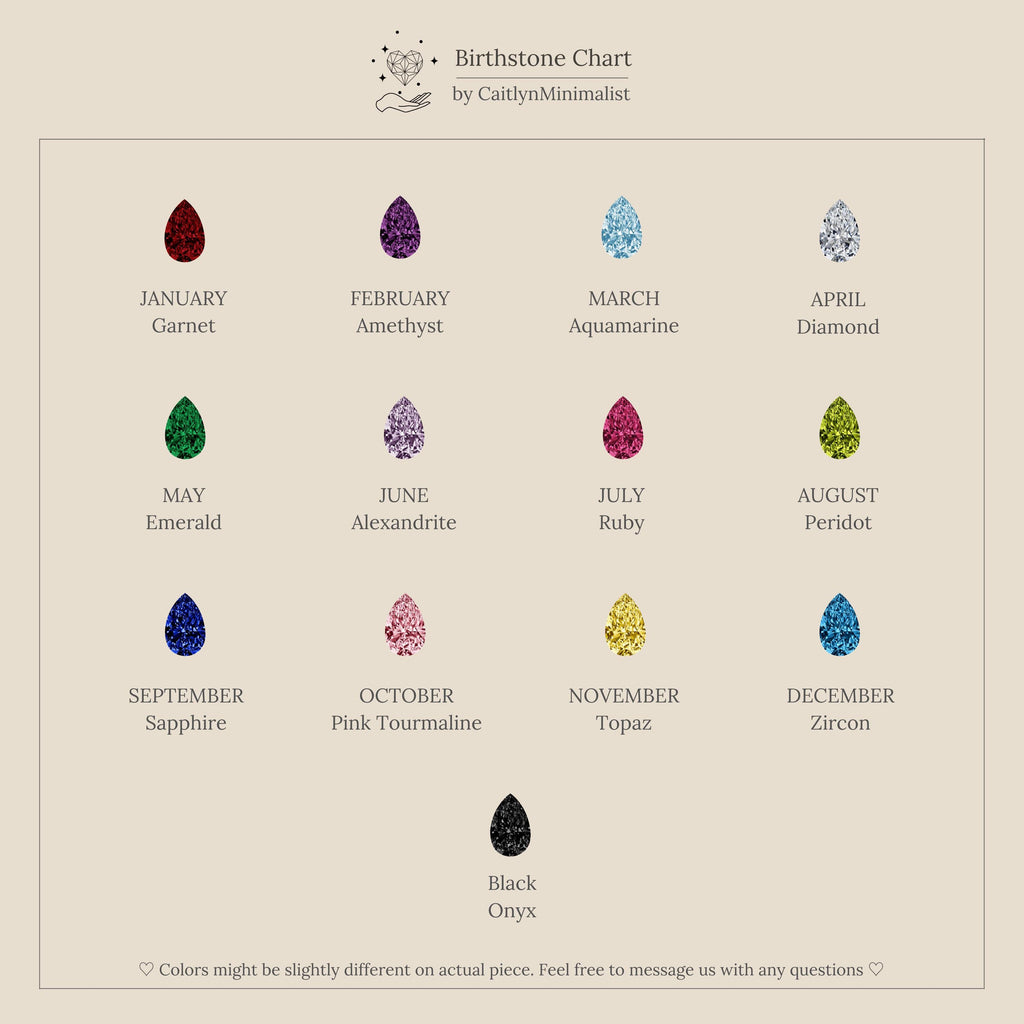Toi et Moi Heart Birthstone Ring: Elegant chart shows gemstones for each month plus black onyx, set on beige—your perfect guide to choosing a pear-shaped promise ring or birthstone ring.