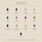 Toi et Moi Heart Birthstone Ring: Elegant chart shows gemstones for each month plus black onyx, set on beige—your perfect guide to choosing a pear-shaped promise ring or birthstone ring.