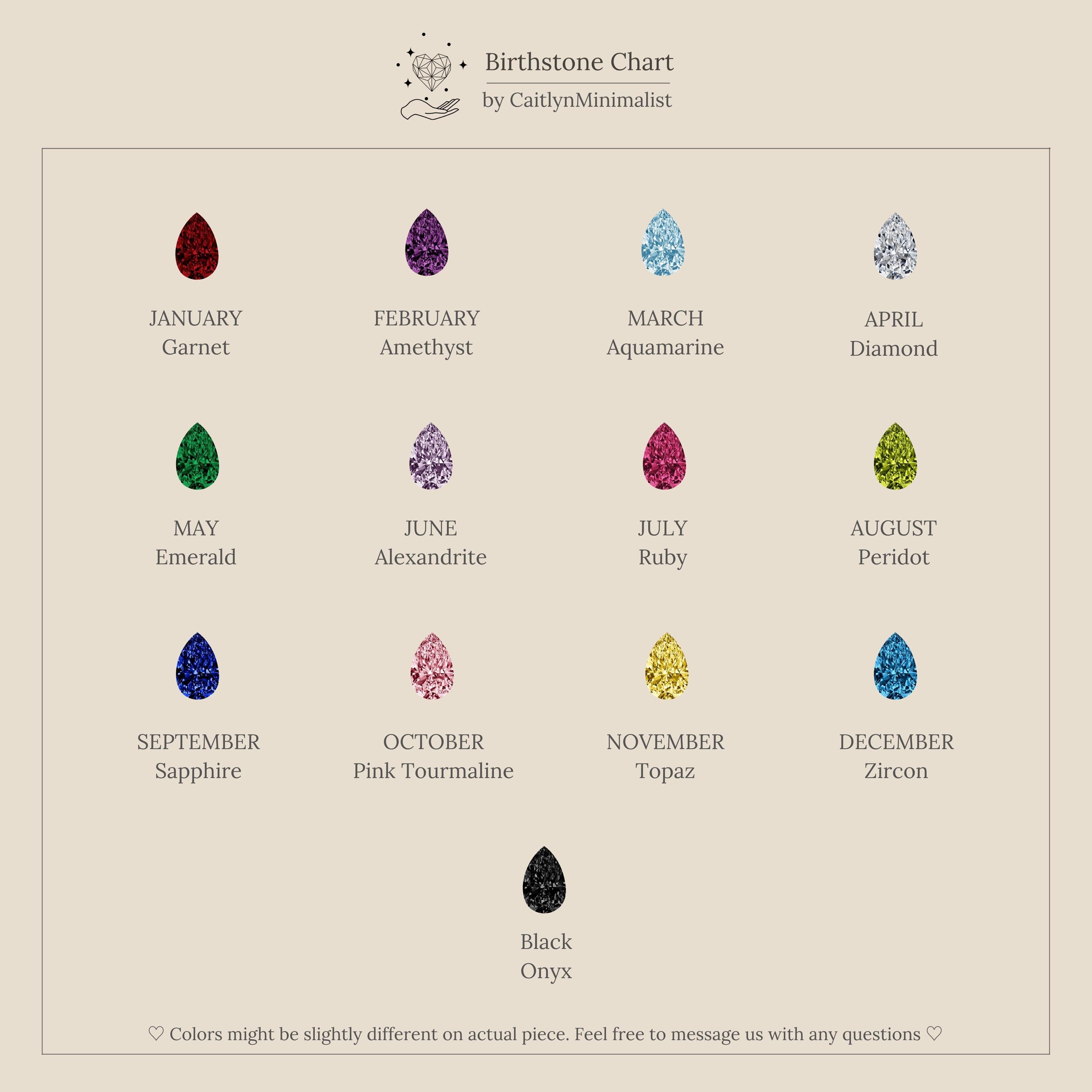 Toi et Moi Heart Birthstone Ring: Elegant chart shows gemstones for each month plus black onyx, set on beige—your perfect guide to choosing a pear-shaped promise ring or birthstone ring.