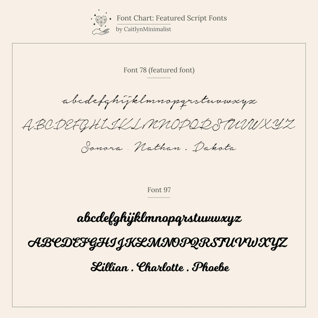Font chart displays two script fonts with sample text: one is thin and elegant like the Venice Name Tennis Bracelet; the other is bold and playful, ideal for a nameplate charm or diamond chain.
