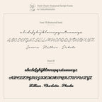 Font chart displays two script fonts with sample text: one is thin and elegant like the Venice Name Tennis Bracelet; the other is bold and playful, ideal for a nameplate charm or diamond chain.