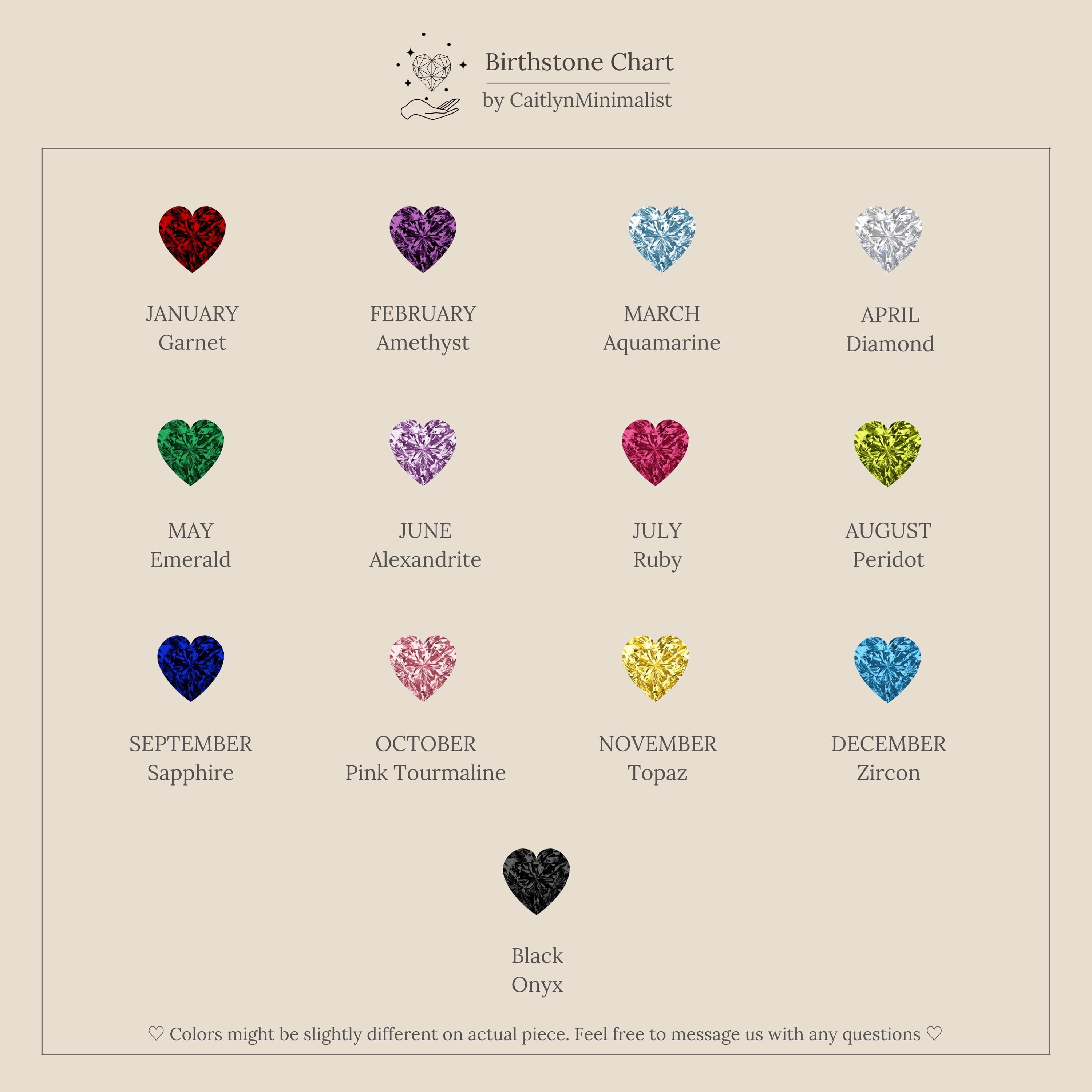 A chart displaying heart-shaped CZ birthstones for each month, plus black onyx, on a beige background—perfect inspiration for your Heart Birthstone Tennis Bracelet.