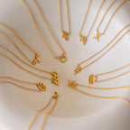 Assortment of gold CZ diamond zodiac charm necklaces fanned out in a ceramic bowl.