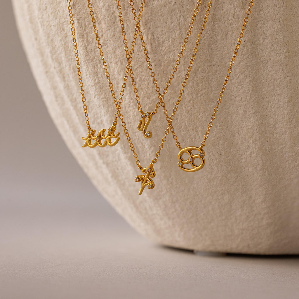 Gold CZ diamond Aquarius, Cancer, Sagittarius and Leo Zodiac Charm Necklaces hanging side by side from vase.