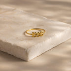 A gold ring featuring the year “1995” is displayed on a cream stone platform in soft lighting.