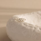 A silver “2006” Bubble Numbers Ring is perched on a textured white ceramic dish.