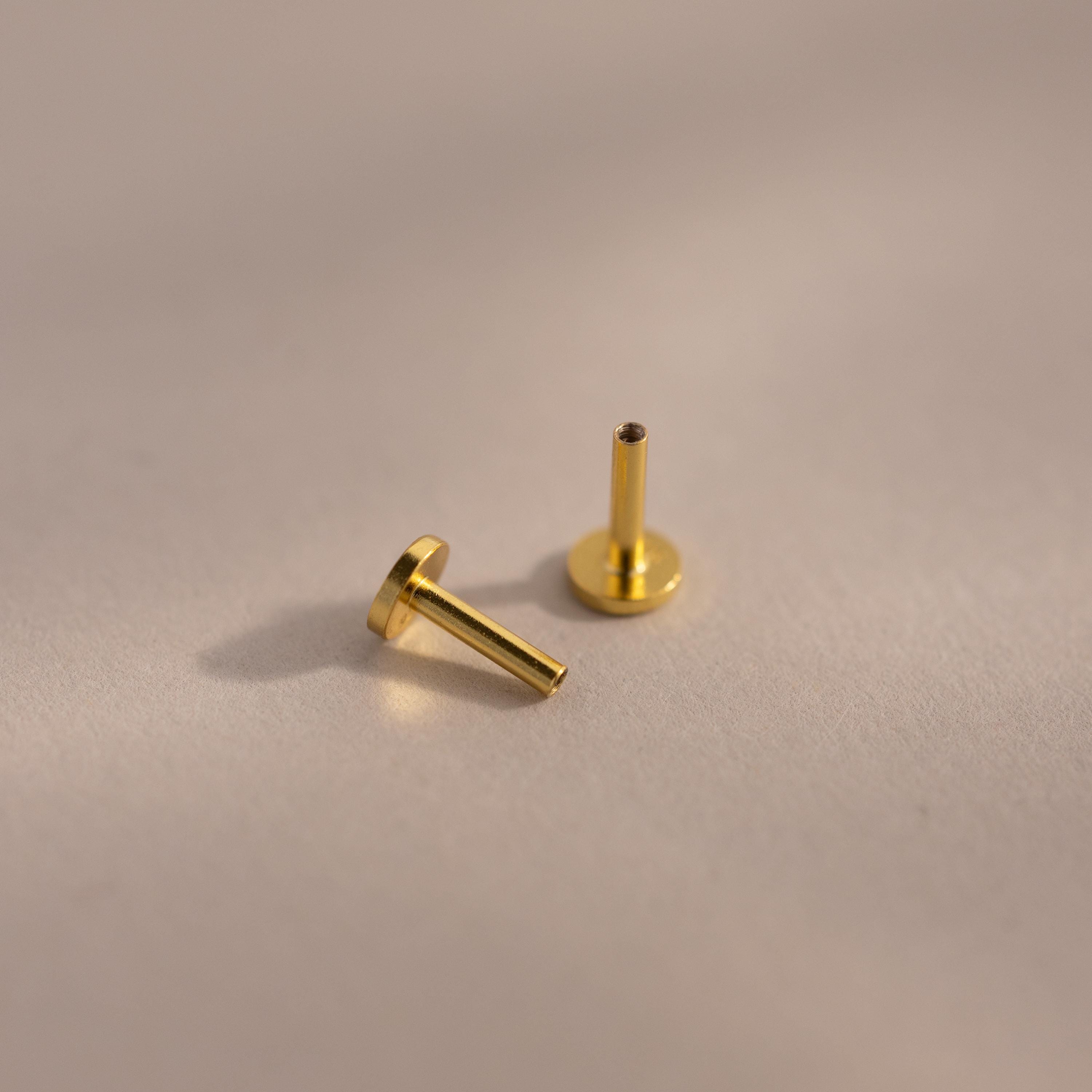 The Flatback Post Set features two small gold metal studs, ideal for everyday wear, displayed on a smooth, light surface under soft lighting.