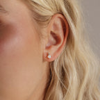 Close-up of a woman's ear adorned with an Opal Diamond Flat Back Earring in a gold setting. The earring features a round, iridescent opal stone held by four gold prongs, with a small white diamond accent delicately perched above it.