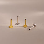 A mixed set of four Flat Back Posts — two 18k gold and two sterling silver — arranged upright and diagonally on a beige background.