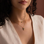 Layered gold chain necklaces, the shorter featuring a single round green gemstone pendant and the longer showcasing a cross pendant set with small green gemstones, worn with a deep V-neck cream top.