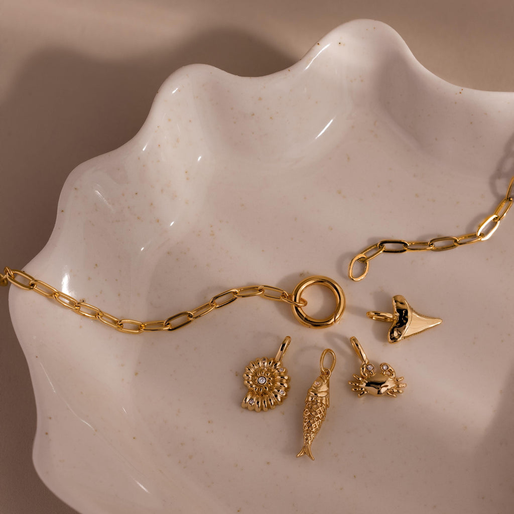 The Pave Seashell Charm gold chain bracelet features four small gold charms, including a delicate seashell charm—displayed on a white ceramic dish, it’s the perfect beach jewelry for ocean lovers.