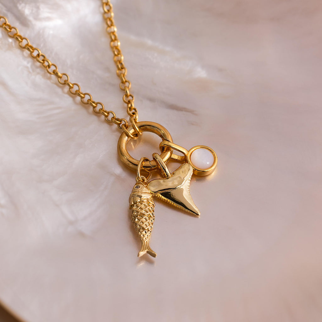 Gold chain necklace with three charms: a detailed fish, a shark tooth pendant, and a round white stone, displayed on an iridescent seashell background.