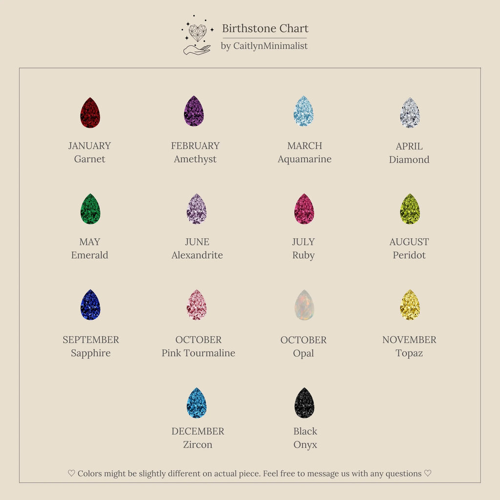 A birthstone chart for the Toi et Moi Teardrop Heart Bracelet, displaying pear-cut stones for each month in three rows on a beige background.