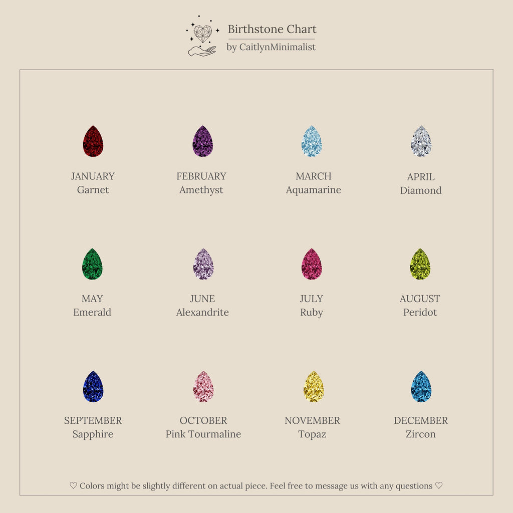 A chart displays 12 colorful birthstones, each labeled with its month and gem, ideal for selecting personalized Teardrop Topaz Flatback Studs or your favorite birthstone jewelry.