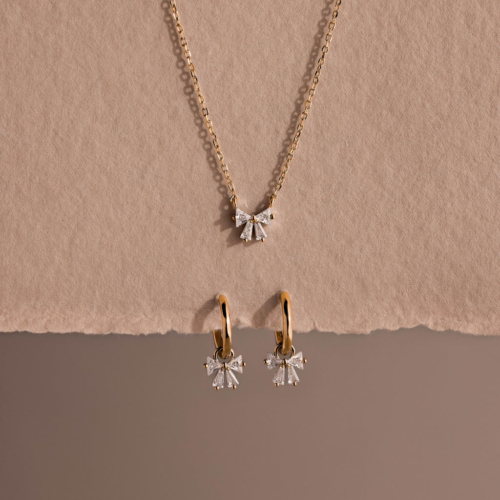 Diamond Bow Necklace & Earrings Set in 18K Gold