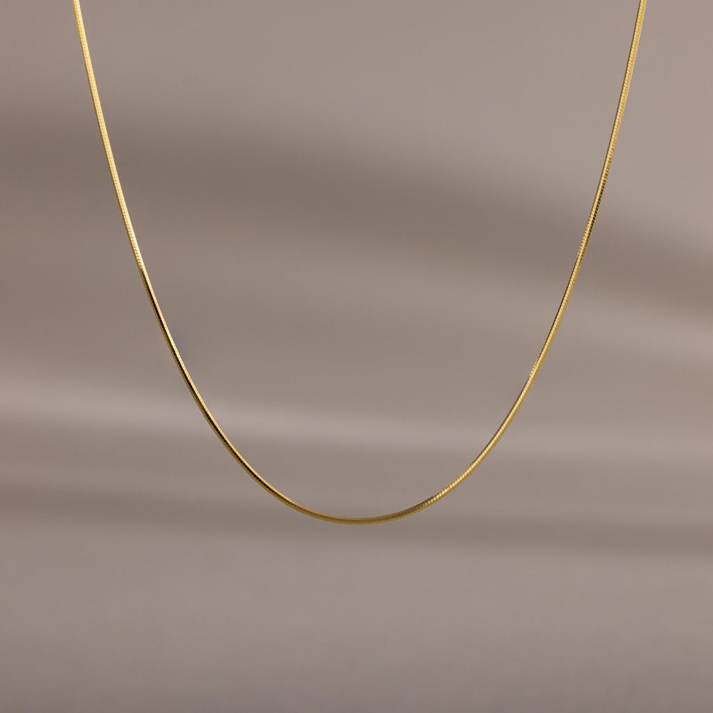 The Dainty Herringbone Necklace features a delicate curve, beautifully displayed against a simple beige background.