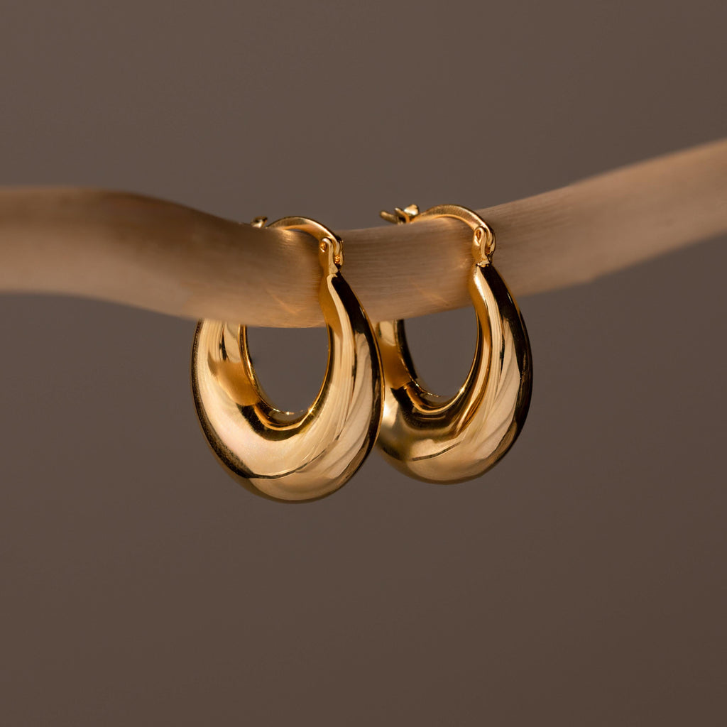 The Sculpted Hoops, featuring a high shine finish, are displayed hanging on a curved, light-colored branch set against a brown background.