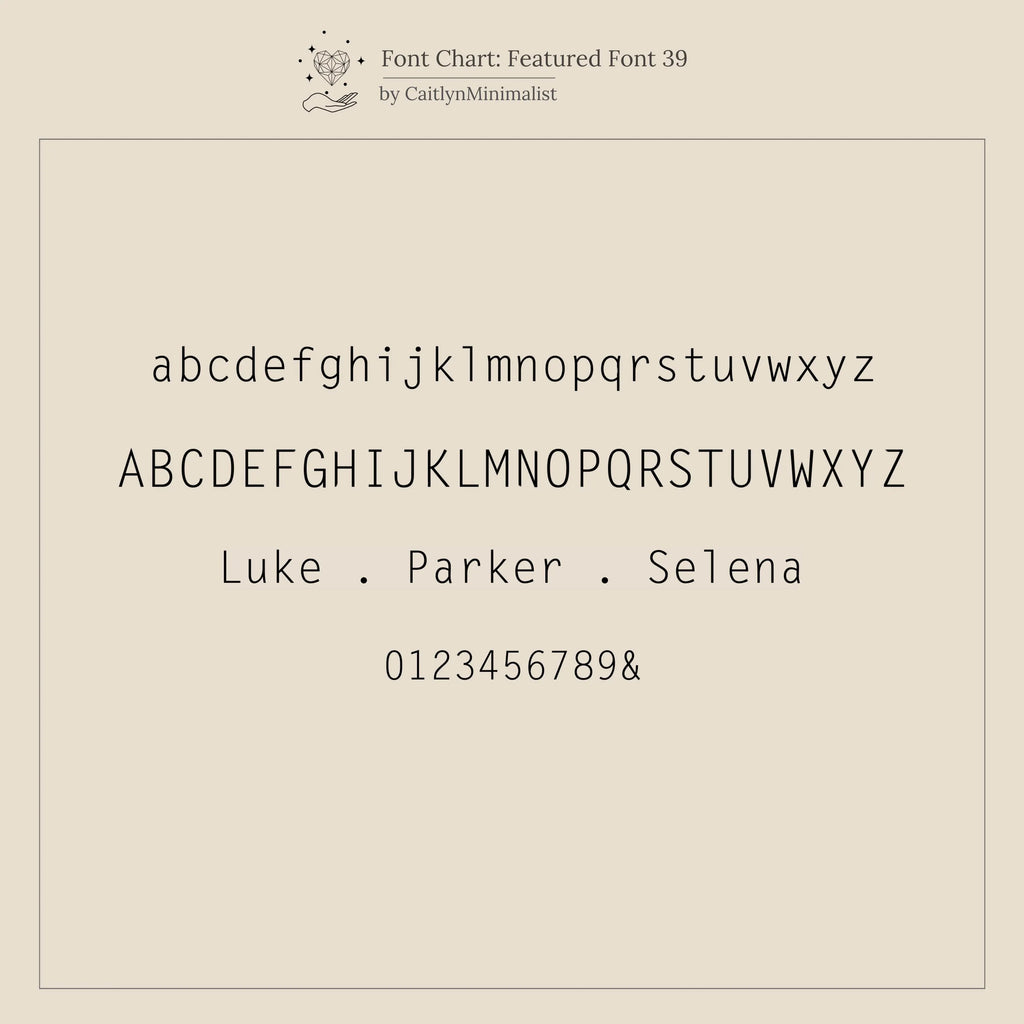 Minimalist sans-serif font chart showing uppercase, lowercase, numbers, and names like Luke, Parker, Selena—ideal for creating the Hand & Footprint Duo Name Ring in Rose Gold as a personalized gift for new parents.